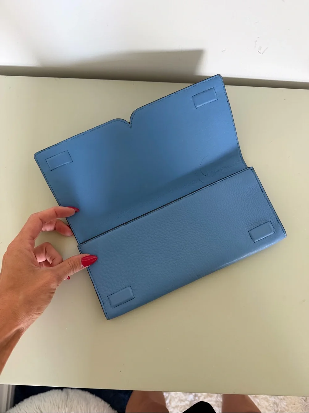 Tory Burch Sky Blue Leather Clutch with Black Logo Trim